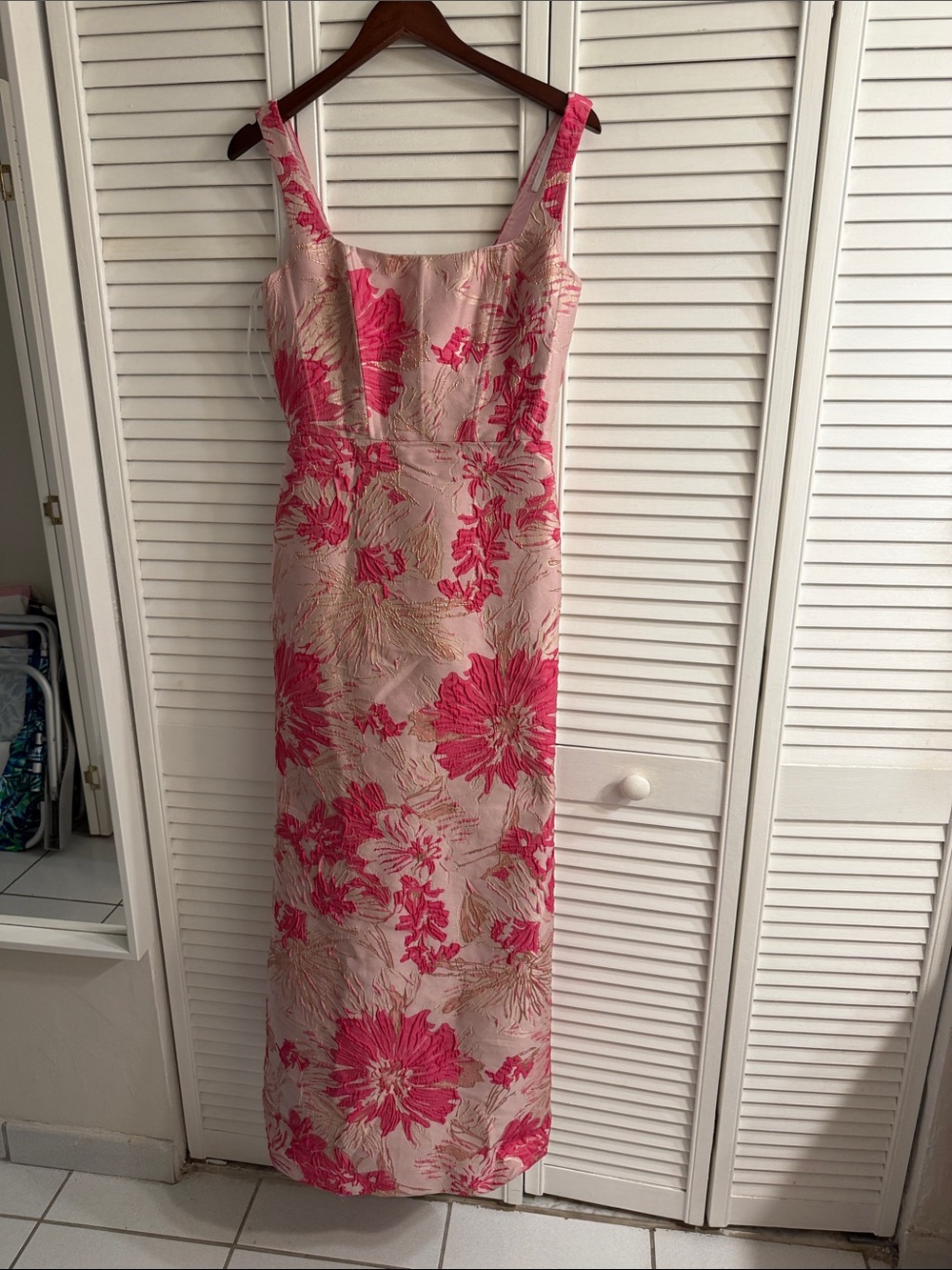 Dessy Collection Pink Floral Maxi Dress with Square Neckline